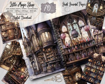 May include: 70 digital printable junk journal pages featuring a whimsical, illustrated image of a magic shop with shelves of potions, books, and a spiral staircase. The shop has a gothic architecture with arched windows and a stained glass window. The image is in a vintage style with warm colors and intricate details.