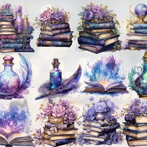 Pode incluir: Uma ilustra&ccedil;&atilde;o digital de uma cole&ccedil;&atilde;o de livros antigos, garrafas e penas com um tema m&aacute;gico e celestial. Os livros est&atilde;o empilhados e adornados com flores roxas, enquanto as garrafas est&atilde;o cheias de l&iacute;quidos roxos e azuis que giram. As penas s&atilde;o brancas com um toque de roxo e s&atilde;o colocadas perto das garrafas.