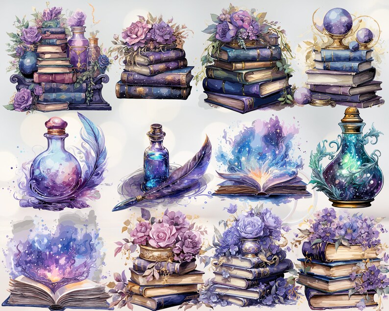 Pode incluir: Uma ilustra&ccedil;&atilde;o digital de uma cole&ccedil;&atilde;o de livros antigos, garrafas e penas com um tema m&aacute;gico e celestial. Os livros est&atilde;o empilhados e adornados com flores roxas, enquanto as garrafas est&atilde;o cheias de l&iacute;quidos roxos e azuis que giram. As penas s&atilde;o brancas com um toque de roxo e s&atilde;o colocadas perto das garrafas.