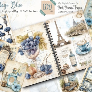 Vintage Blue Victorian Junk Journal Pages, scrapbook images, collage paper, digital printable paper, shabby chic, vintage, feminine and soft