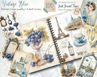 Blue Victorian, Shabby Chic, Junk Journal Kit, Rococo Portrait Ephemera, Vintage Blue Scrapbook Paper, French Country, Digital Download