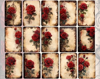 ダージリンページ★写真の60冊 50 Pages Dark Red Roses Botanicals Junk Journal Pages