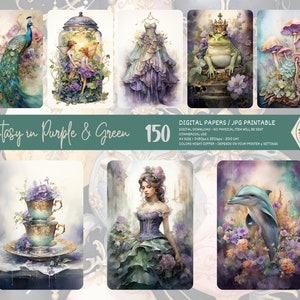 Big Bundle, Green Purple Junk Journal Paper, Digital Download, Watercolor, Mixed Media, Pattern, Carriage, Castle, Music, Others