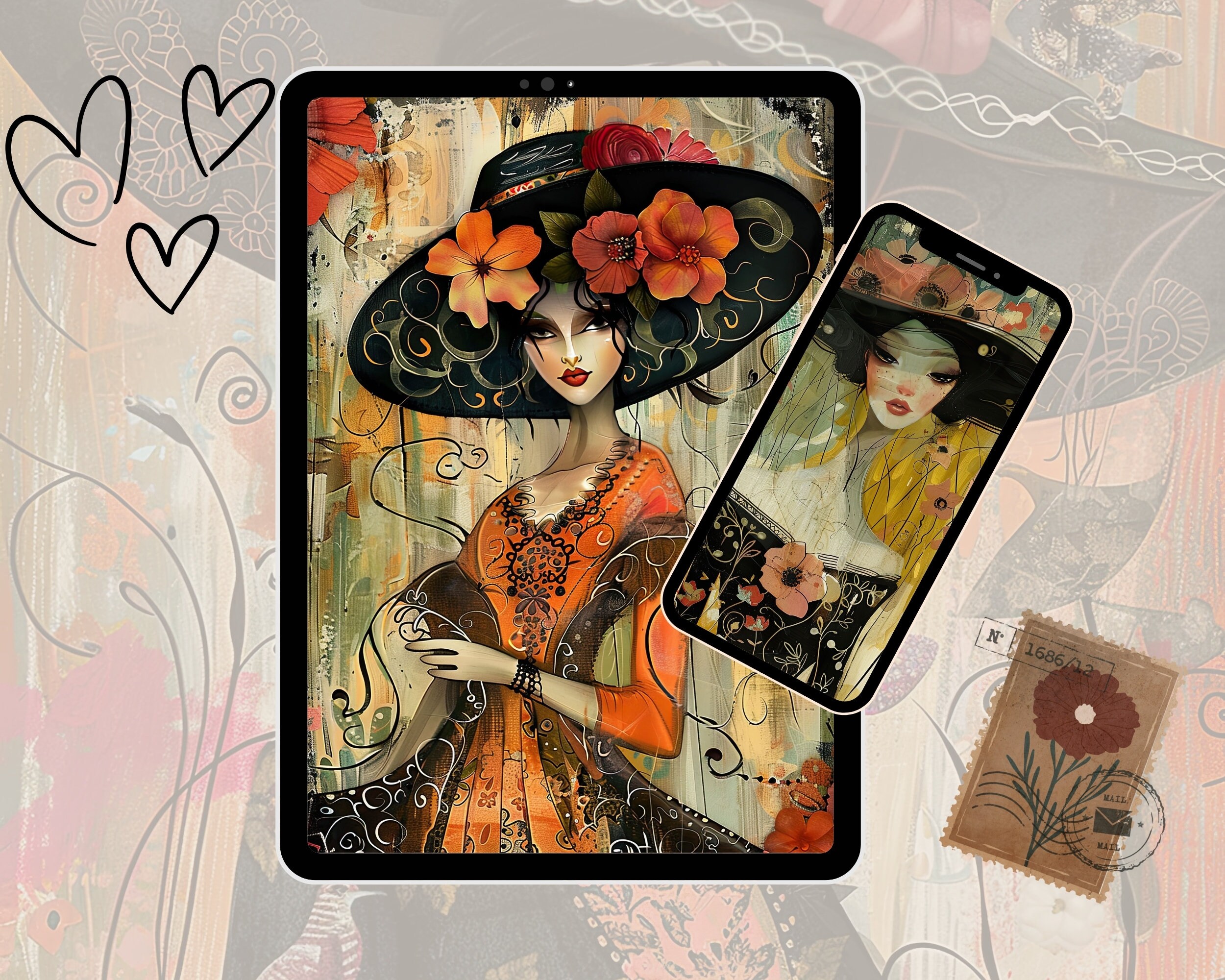 水彩画「フラワーレディ」：ヴィンテージジャンクジャーナル