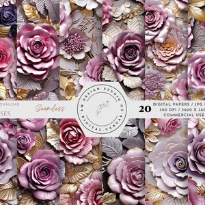 3D Pink & Lila Blumen SEAMLESS Muster - 3D rosa und lila Blumen digitales Papier - 20 Designs - 12x12in - Kommerzielle Nutzung - 3D Blumen