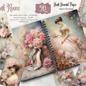 Pink Roses Vintage Junk Journal Kit: Printable Collage Paper (Digital Download)