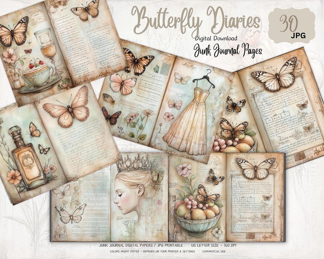 Butterfly Diaries Junk Journal Pages Digital Download, Vintage ...