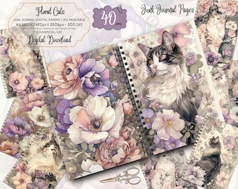 Watercolor Cat Junk Journal Pages Floral Kitten Collage Digital Download Printable Cat Lover Ephemera Scrapbook Paper Cottagecore Art