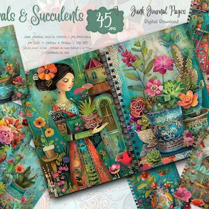 Kit de diario basura de cactus, páginas de diario de suculentas con cactus en acuarela, papel imprimible floral para diario basura, hoja de collage digital