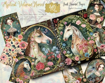May include: Digital download of "Mystical Victorian Horses" junk journal pages. The image features a spiral-bound journal and several cards with illustrations of horses, flowers, and women. The text includes "Junk Journal Digital Papers" and "Digital Download."