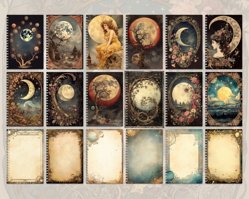 Celestial Moon Junk Journal Pages, Digital Scrapbook Paper Kit, Vintage ...