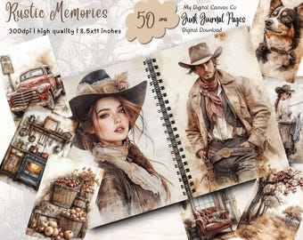 May include: A digital download of 50 junk journal pages with a rustic theme. The pages feature watercolor illustrations of cowboys, cowgirls, vintage trucks, and other rustic elements. The pages are 8.5x11 inches and high quality.
