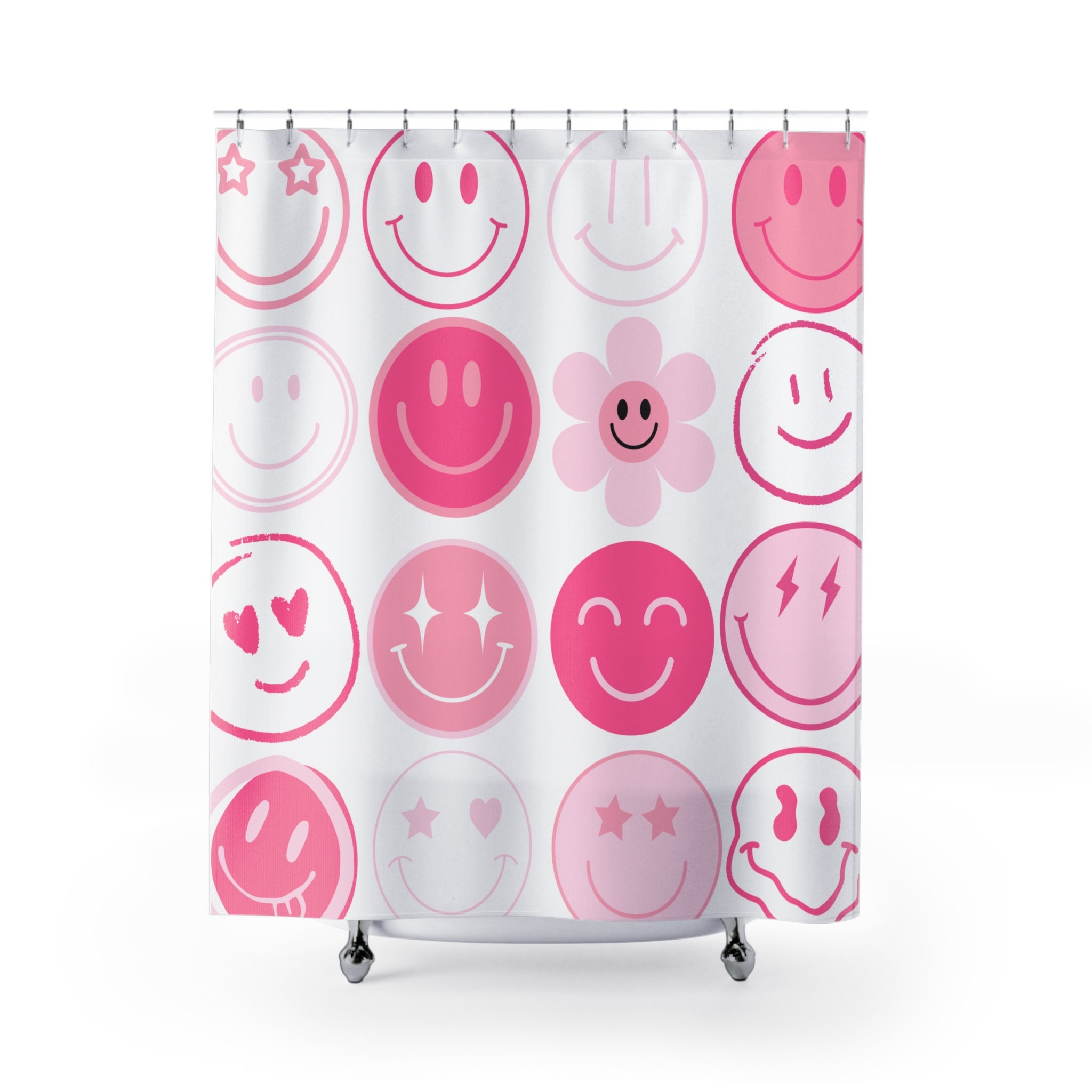 Pink Smiley Face Shower Curtain Cute Shower Curtain Pink Etsy