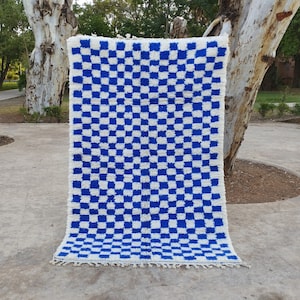 SOfT BLUE WOOL Living Room ,Blue and white checkered rug ,Soft blue Moroccan square rugs with soft wool ,Gorgeous blue chess rug