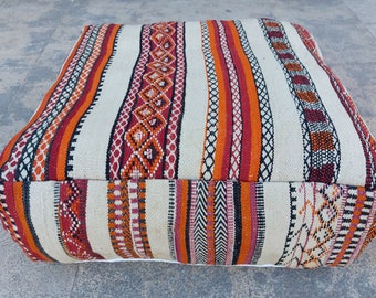 GORGEOUS OLD POUF ,Beniouarin Antique Moroccan Ottoman Pillow ,Meditation Yoga Pillow, Multicolored Kilim Pillows for Outdoor Use