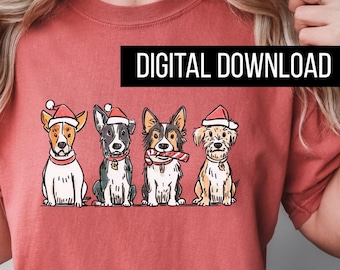 Puede incluir: Camiseta de color coral con un gráfico de cuatro perros con gorros y bufandas de Papá Noel. El texto "DIGITAL DOWNLOAD" se muestra en un rectángulo negro. Los perros están en fila, cada uno con un patrón y expresión únicos.