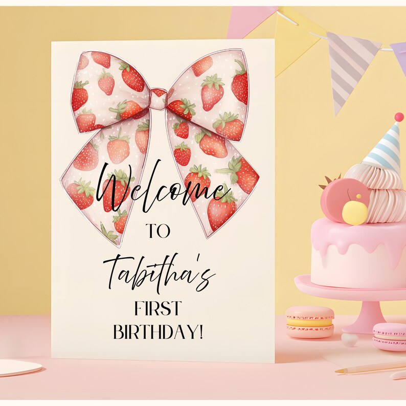 以下が含まれることがあります： イチゴのリボンのデザインと「Welcome to Tabitha's First Birthday！」の文字が入った誕生日パーティーの招待状。パーティーハットとマカロンが付いたピンク色のケーキも表示されています。
