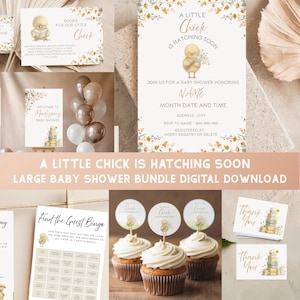 May include: A baby shower bundle with a chick theme. Includes invitations, thank you cards, cupcake toppers, and a bingo game. The text "A Little Chick is Hatching Soon" is displayed.
