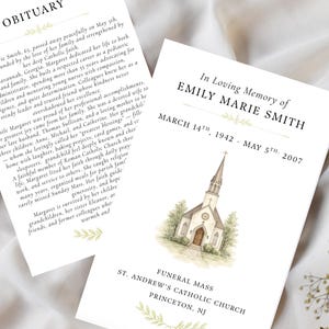 May include: Two white memorial cards. One features an obituary with biographical details. The other card reads "In Loving Memory of Emily Marie Smith" with a church illustration and funeral details.