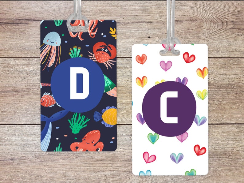 Kid luggage tag with hearts and sea animals