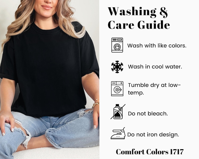 Peut inclure: Un t-shirt noir Comfort Colors 1717. L'image comprend un guide de lavage et d'entretien avec les instructions : laver avec des couleurs similaires, laver &agrave; l'eau froide, s&eacute;cher par culbutage &agrave; basse temp&eacute;rature, ne pas javelliser et ne pas repasser le motif.