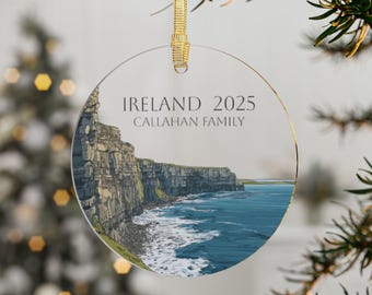 Ornament Ierland, gepersonaliseerd ornament Ierland 2025, Ierland reis onthullen, reis Cliffs of Moher, reis naar Ierland, vakantiecadeau Ierland