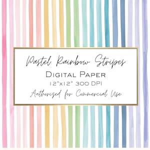 Puede incluir: Un papel digital con rayas verticales de acuarela en una paleta de arcoíris pastel. Un marco rectangular central con borde dorado contiene el texto: Pastel Rainbow Stripes, DIGITAL PAPER, 12"x12" 300 DPI, Authorized for Commercial Use.