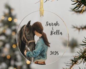 Ornamento a forma di cavallo e ragazza personalizzato con l'anno, regalo per un cavaliere o un'amazzone, ornamento a tema cavallo per ragazze amanti dei cavalli