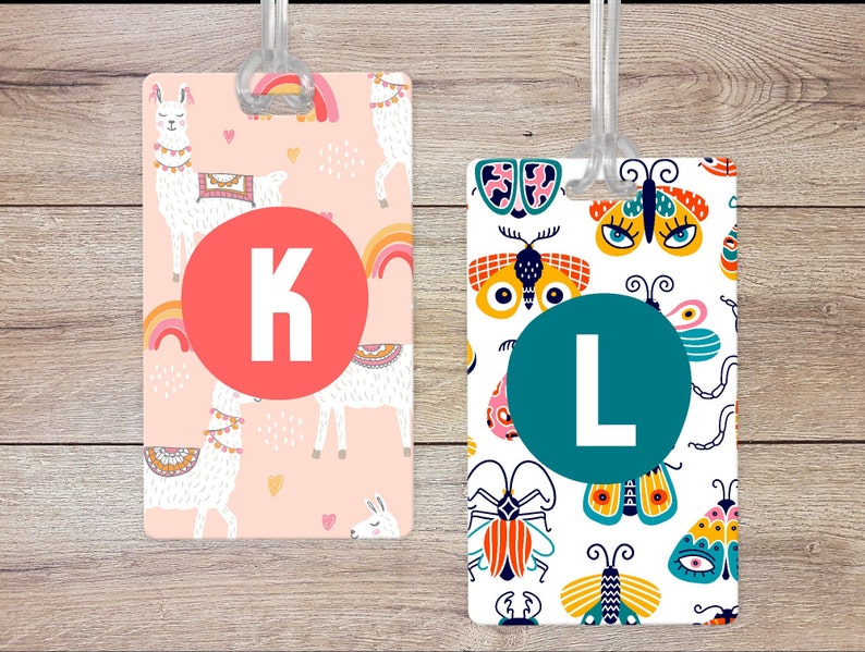 Luggage tags for kids with butterflies and llamas