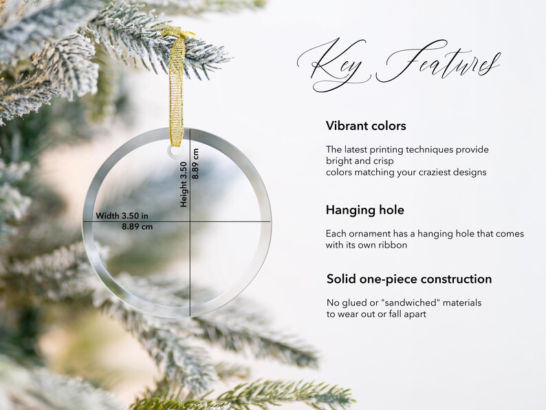 May include: A clear round glass ornament with a hanging hole and ribbon. The ornament measures 3.5 inches in diameter. Key Features: Vibrant colors, Hanging hole, Solid one-piece construction.