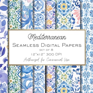 May include: Eight seamless digital papers with Mediterranean patterns in blue, yellow, and pink. Each paper has a unique design. The papers are 30.48 cm x 30.48 cm and are authorized for commercial use. The text reads "Mediterranean".