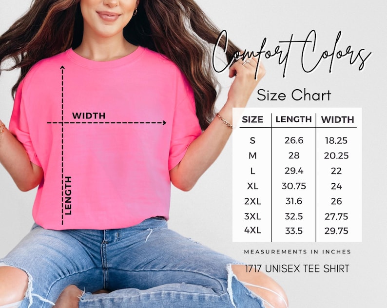 Peut inclure: Un t-shirt unisexe rose vif avec les mots "Comfort Colors" et un tableau des tailles. Le tableau indique les mesures en pouces pour les tailles S &agrave; 4XL. Le t-shirt est &eacute;tiquet&eacute; 1717 unisex tee shirt.