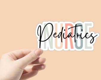 May include: A sticker with the words "NURSE Pediatrics" in a colorful rainbow font.