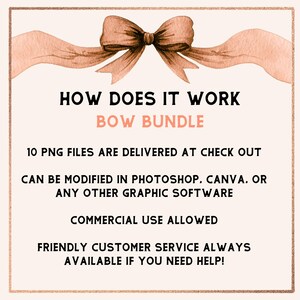 以下が含まれることがあります： デジタルグラフィックデザイン製品の広告。水彩の弓と「HOW DOES IT WORK BOW BUNDLE」というテキストが表示されています。テキストには、10個のPNGファイルがチェックアウト時に配信され、グラフィックソフトウェアで変更できることも記載されています。