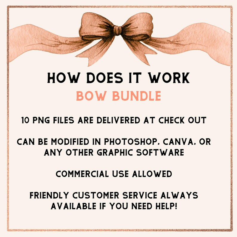 以下が含まれることがあります： デジタルグラフィックデザイン製品の広告。水彩の弓と「HOW DOES IT WORK BOW BUNDLE」というテキストが表示されています。テキストには、10個のPNGファイルがチェックアウト時に配信され、グラフィックソフトウェアで変更できることも記載されています。