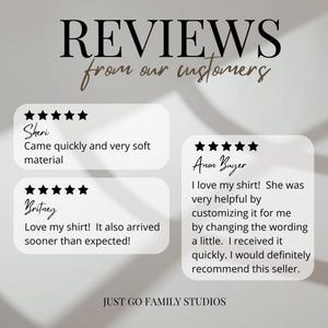 May include: A graphic featuring customer reviews. The text "REVIEWS from our customers" is displayed in a decorative font. Reviews are in white boxes with star ratings and comments. The seller's name, "JUST GO FAMILY STUDIOS," is at the bottom.