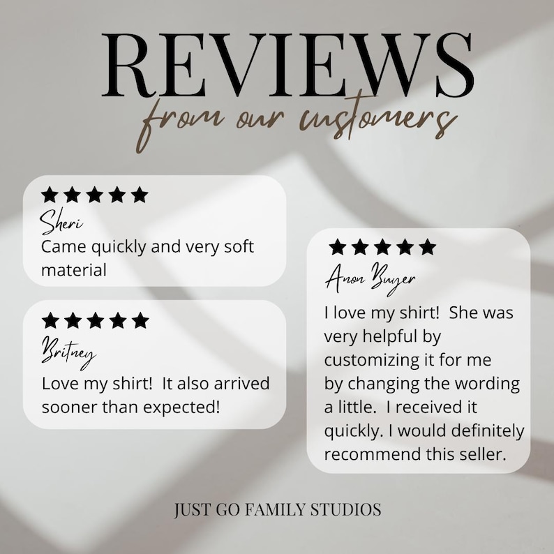 May include: A graphic featuring customer reviews. The text "REVIEWS from our customers" is displayed in a decorative font. Reviews are in white boxes with star ratings and comments. The seller's name, "JUST GO FAMILY STUDIOS," is at the bottom.