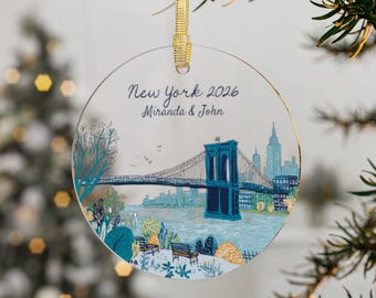 Personalized New York City Ornament, Brooklyn Bridge NYC, Custom in Acrylic or Glass, Honeymoon Gift, Engagement, Wedding Gift