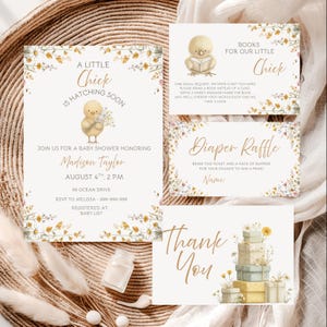 Little Chick On the Way Invitation Baby Shower Bundle,  Flowery Cute Chick Baby Shower Printable Invite Template, Gender Neutral