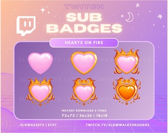 Heart Sub Badges | Twitch Subscriber Badges & Bit Badges for Streamers | Cute Pink Kawaii Hearts with Flames