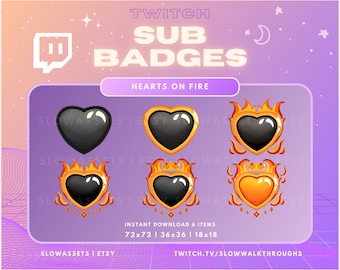 Heart Sub Badges | Black + Red Twitch Subscriber Badges & Bit Badges for Streamers | Kawaii Hearts with Flames