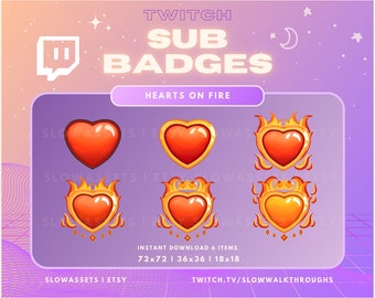 Heart Sub Badges | Twitch Subscriber Badges & Bit Badges for Streamers | Kawaii Red Hearts with Flames