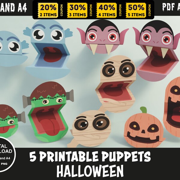 Halloween Puppets Printable Templates - Set of 5 Iconic Characters - DIY Paper Puppets - Dracula, Frankie, Monster, Pumpkin, Mummy