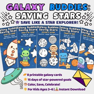 Galaxy Buddies-spaartracker voor kinderen | A6-envelopinzetstuk | Uitdaging om geld af te drukken voor kinderen van 3-6 jaar | Leuke geldvulling voor peuters |PDF