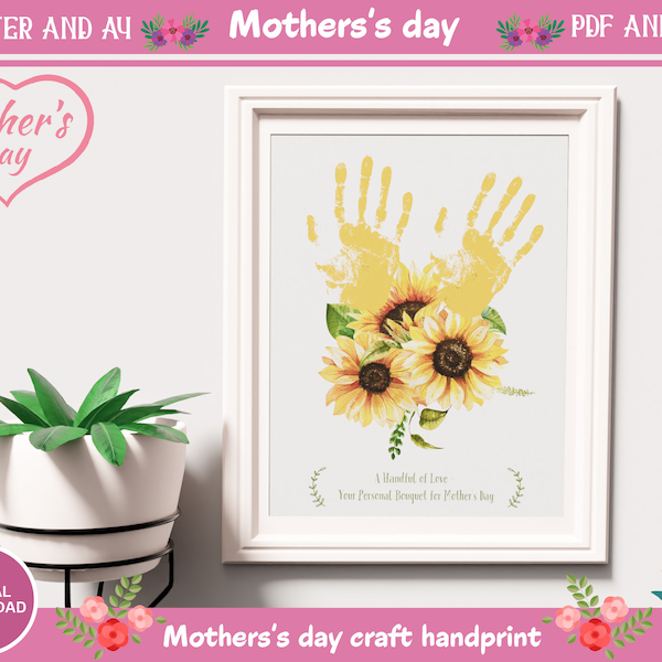 Mother's Day Handprint Art Print - Floral Bouquet Keepsake for Mom, Floral Bouquet Gift for Mom, DIY Kids children toddler baby, Printable