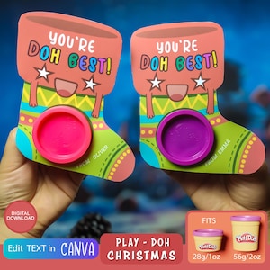 Play-Doh kersthouder, schattige sokken, afdrukbaar cadeau zonder snoep, gunst voor klas, cadeau kerstfeest, bewerkbaar in canva
