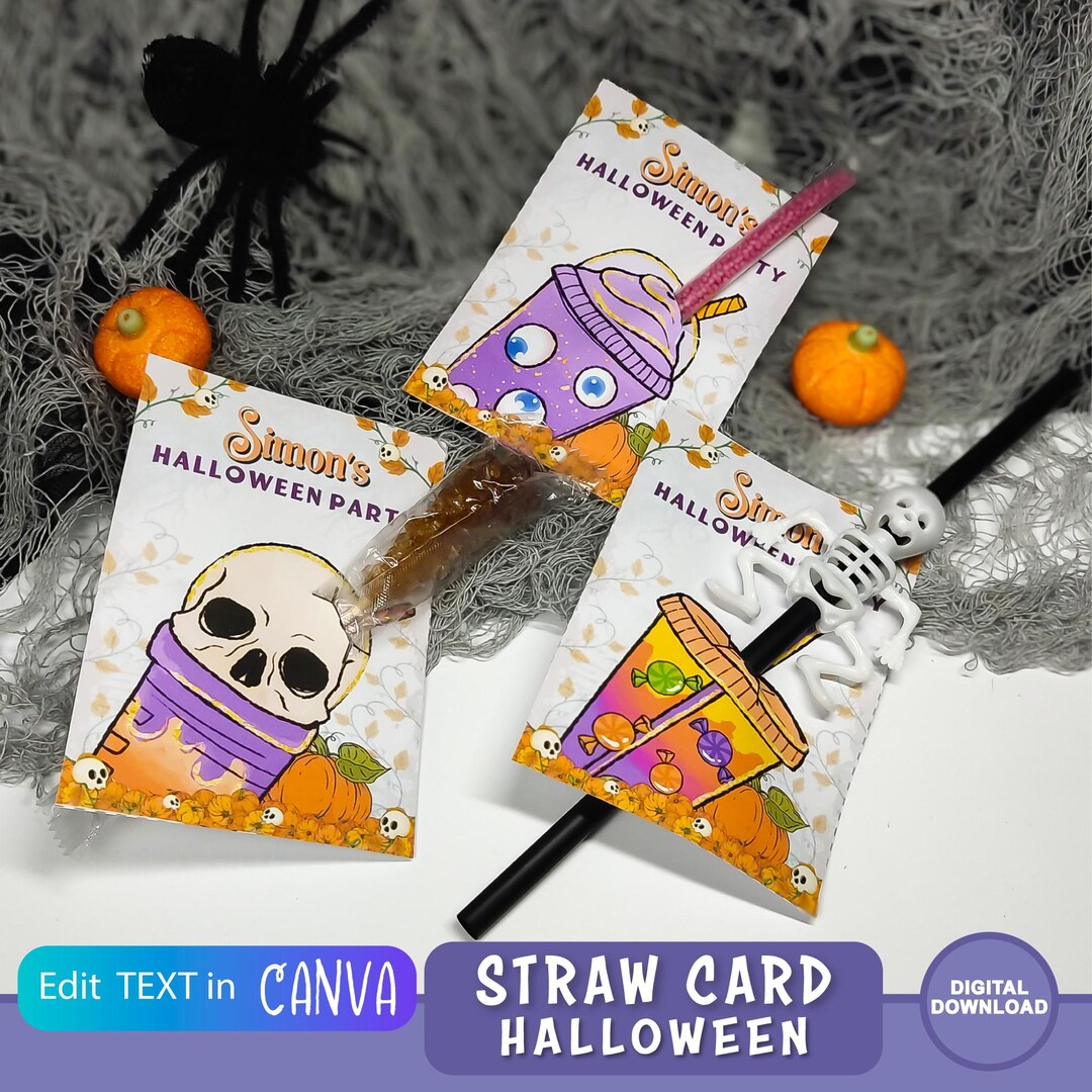 Straw Card Editable Halloween Straw Card, Treats Box, Kids Party Favor, Editable ...