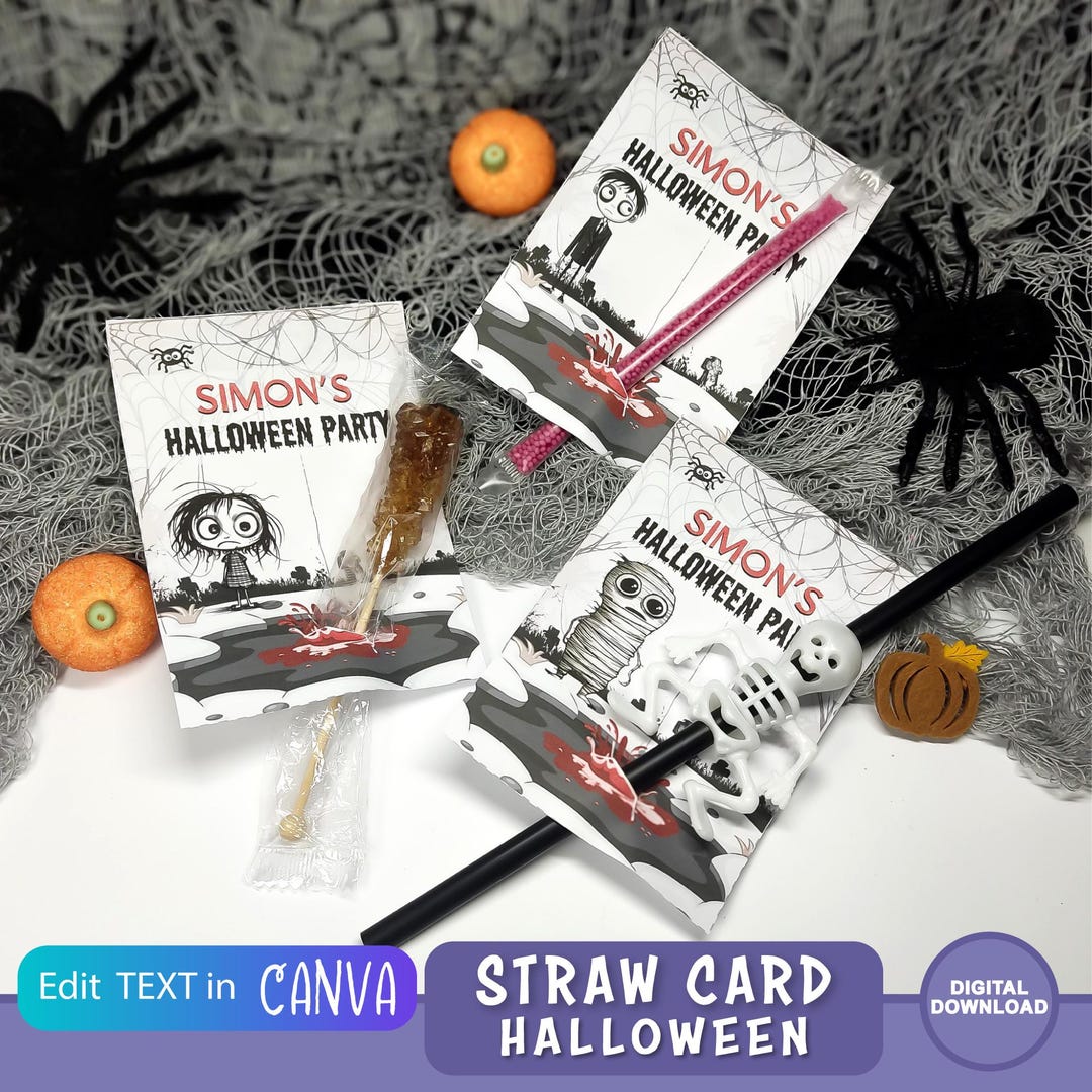 Straw Card Editable Halloween Straw Card, Treats Box, Kids Party Favor, Editable ...