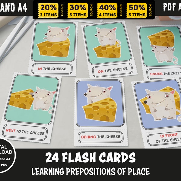 Prepositions Flashcards, Kids Language Learning, Printable PDF and PNG, Fun Play, Enchanting Educational Tool, Child friendly Flashcards