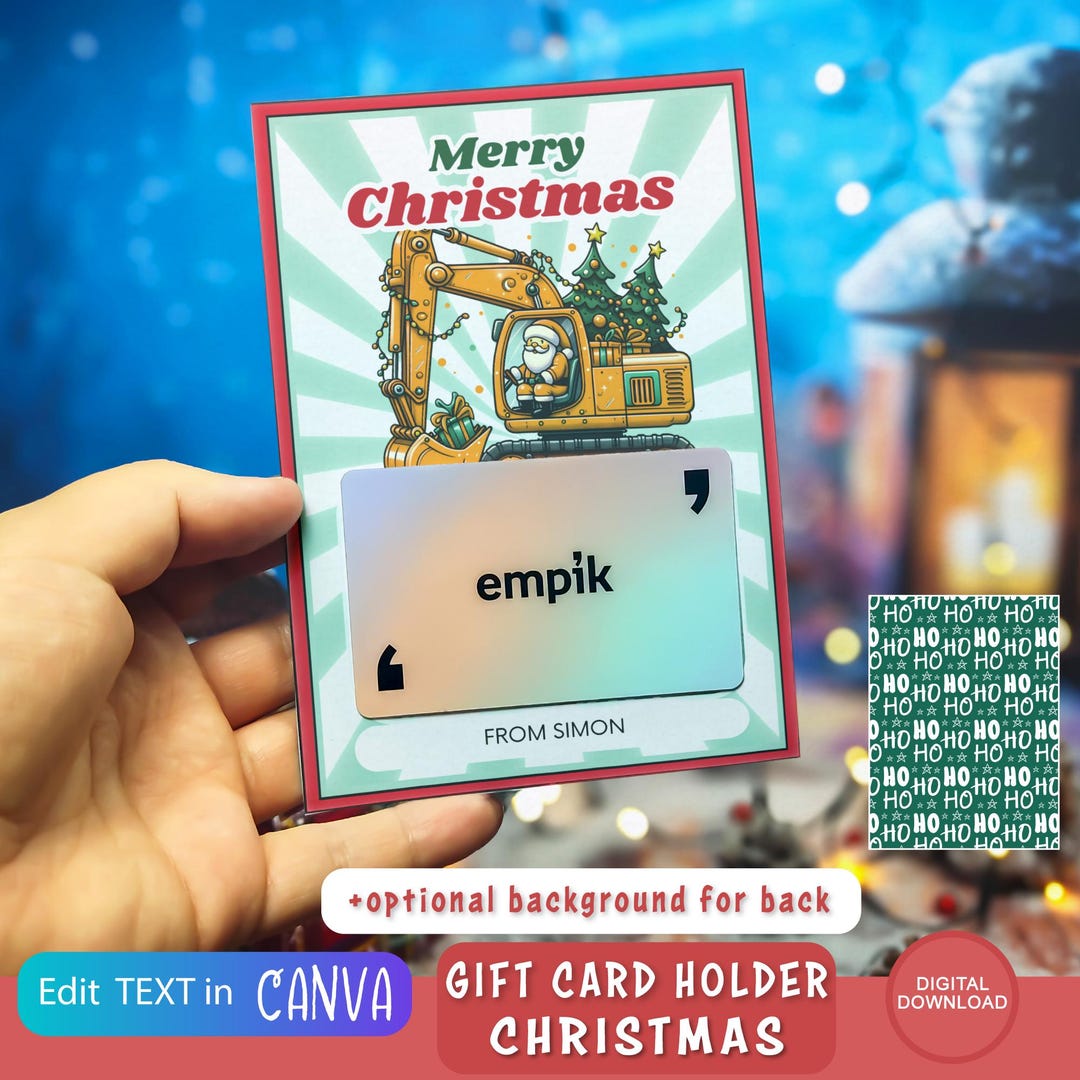 Editable Christmas Gift Card Holder, Santa Excavator, Boy Xmas Digging ...
